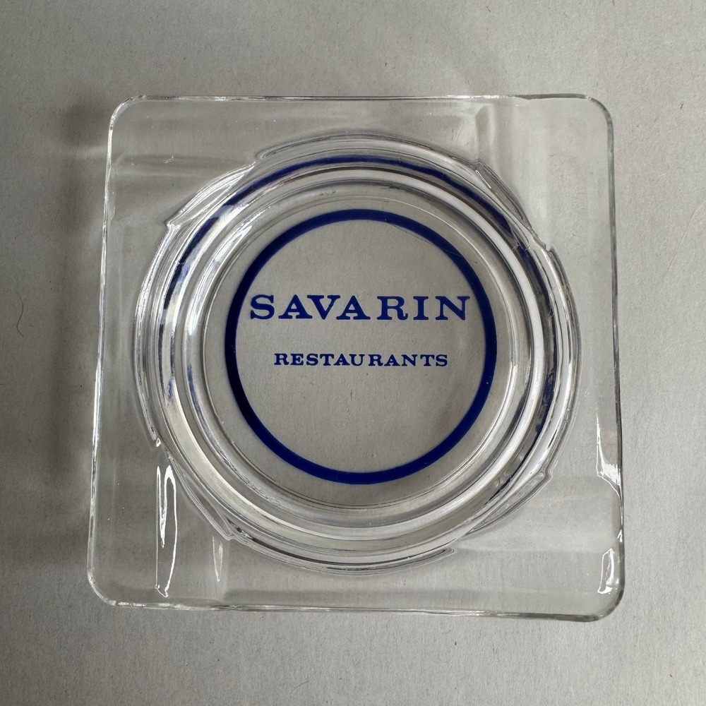 Vintage Savarin Restaurants Glass Ashtray Square Clear Blue Logo Tobacciana